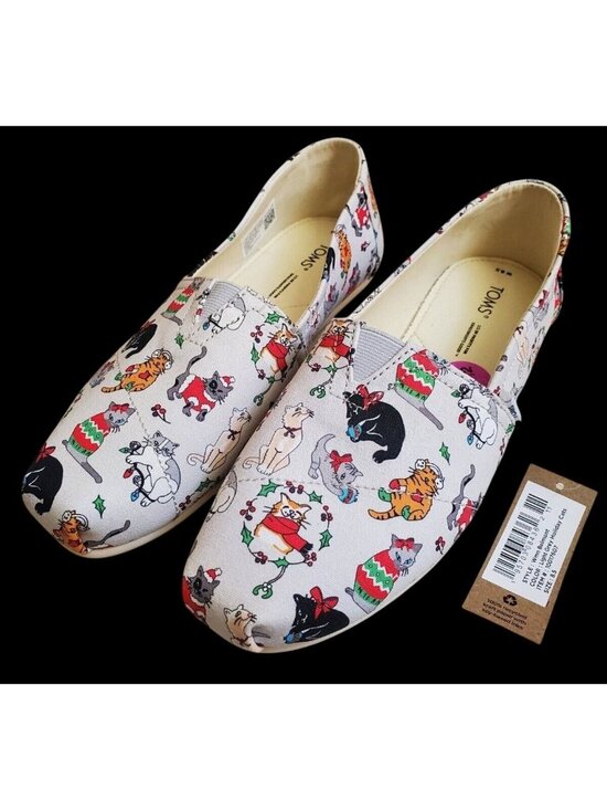 Toms Shoes - TOMS Belmont Flats Gray Women’s Size 8.5 New Christmas Holiday Cats Print New
